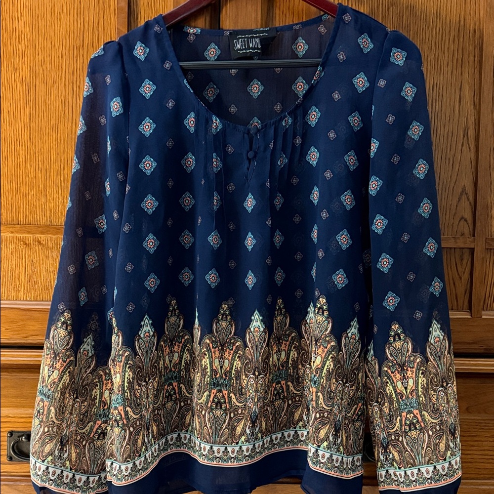 Sweet Wanderer Sheer Scoop Neck Pleated Button Pattern Blouse Boho Boutique Chic